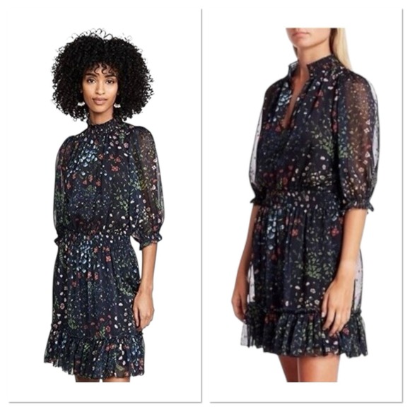 Joie‎ Shima Floral High Neck Smocked Dress Midnight Navy Blue Floral Size Small - Picture 1 of 10